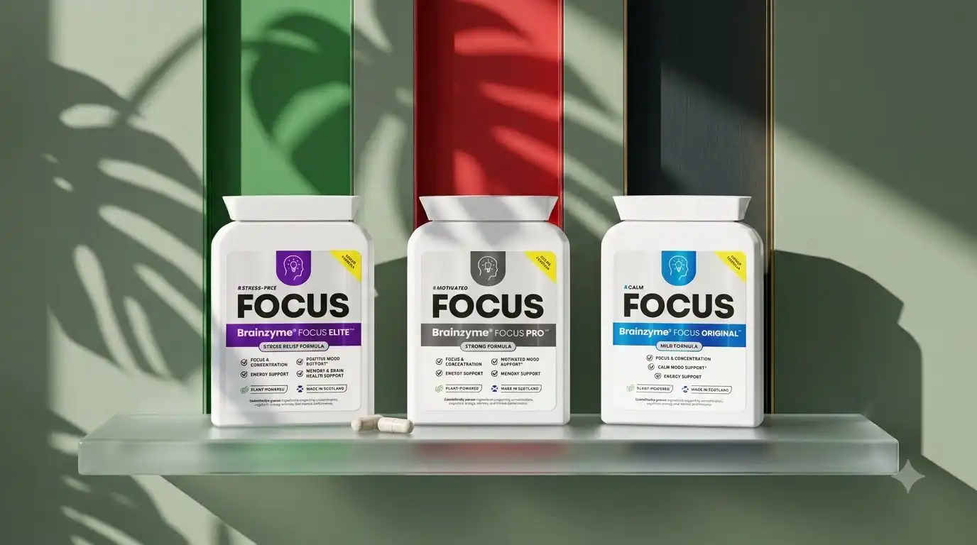 Side-by-side comparison of Brainzyme Focus Original Pro and Elite bottles