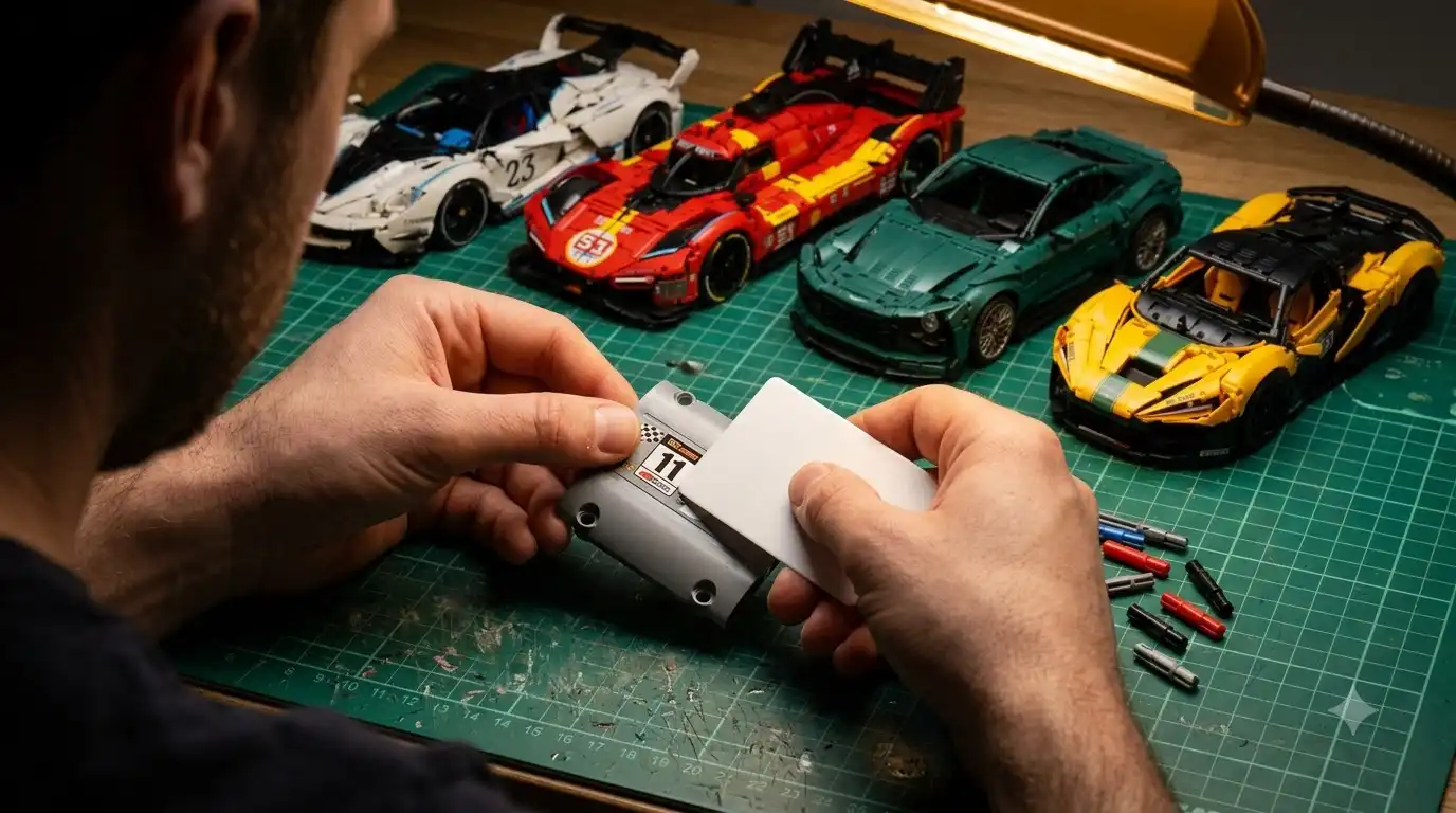 hands applying a small BAV Brick decal with a card edge