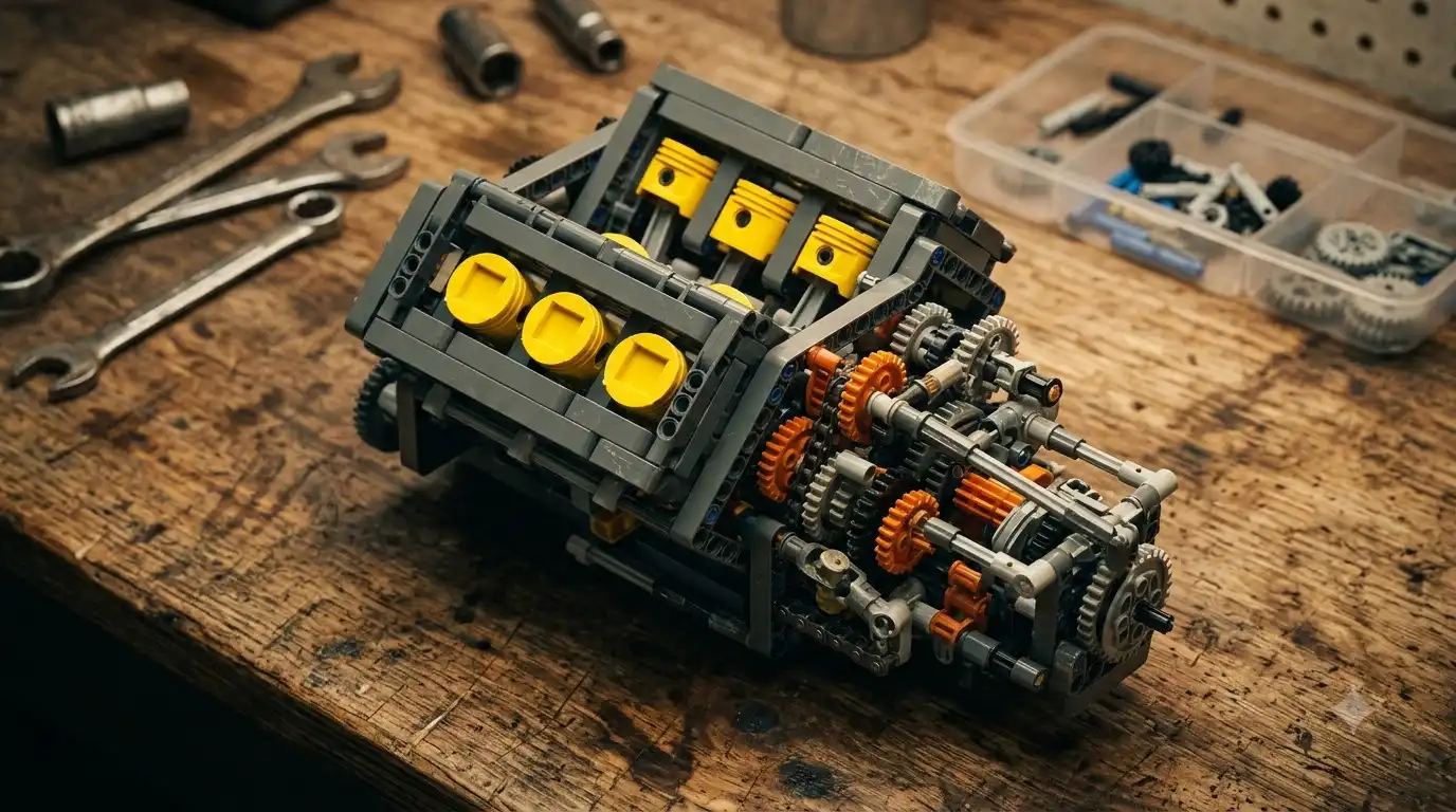 LEGO Technic Koenigsegg Sadair's Spear V8 piston engine and gearbox detail