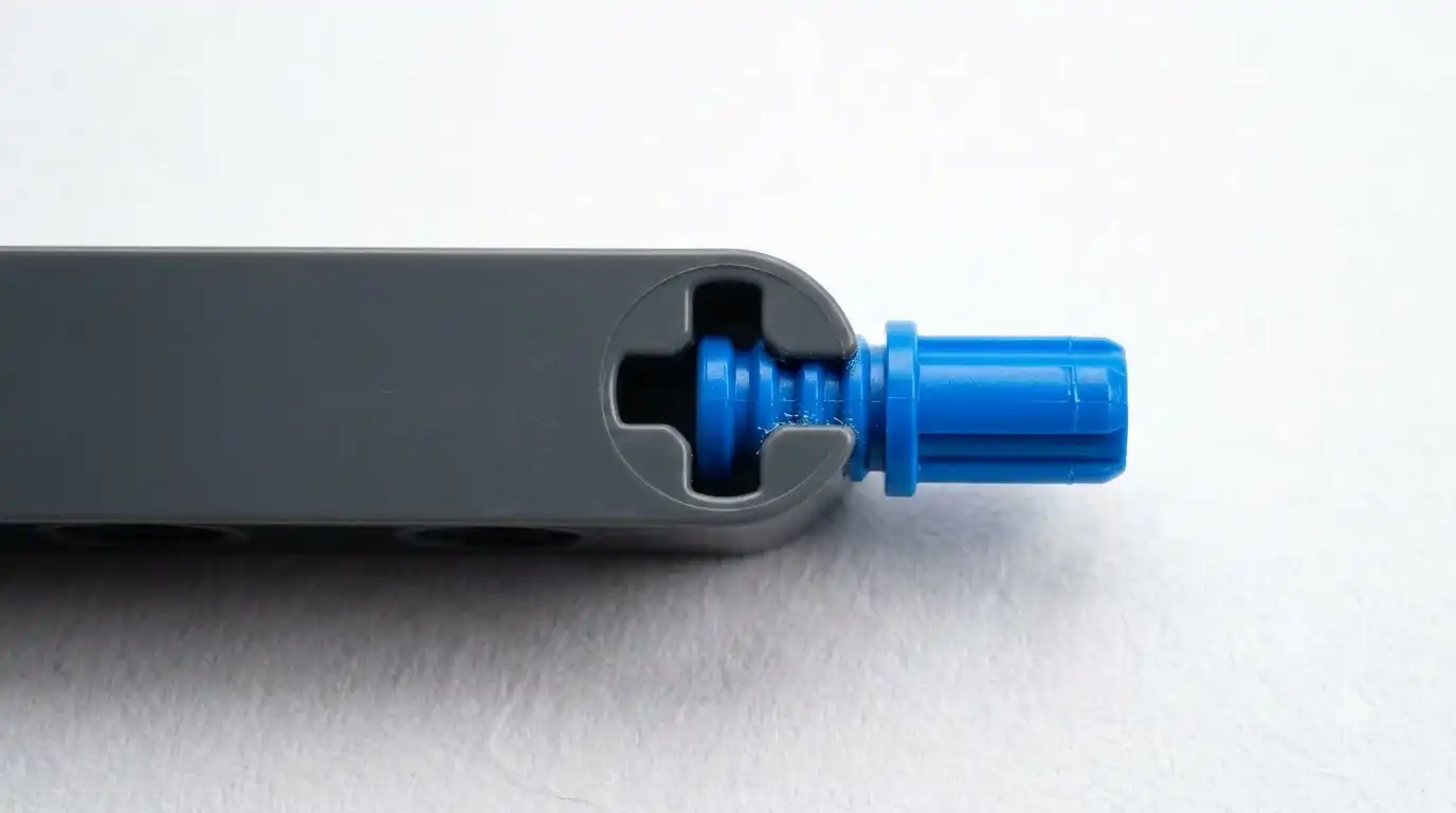close-up of Technic style pin and axle connectors showing is BAV Brick compatible with LEGO