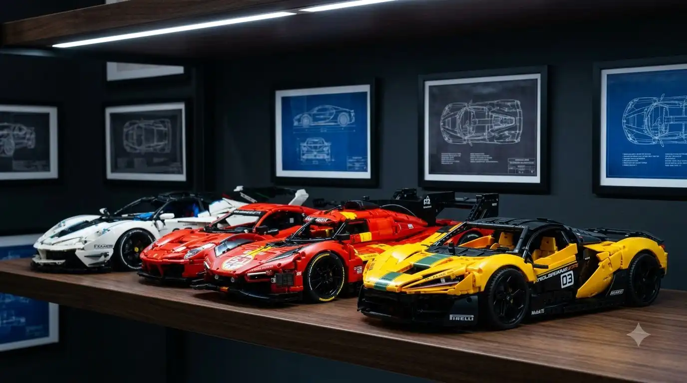 Two assembled supercar model kits illustrating the choice of BAV Brick Amazon vs official site