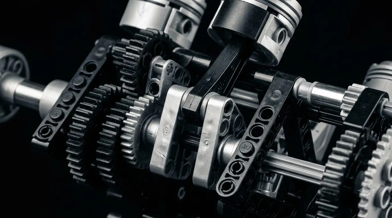 close-up of BAV Brick crankshaft and piston assembly