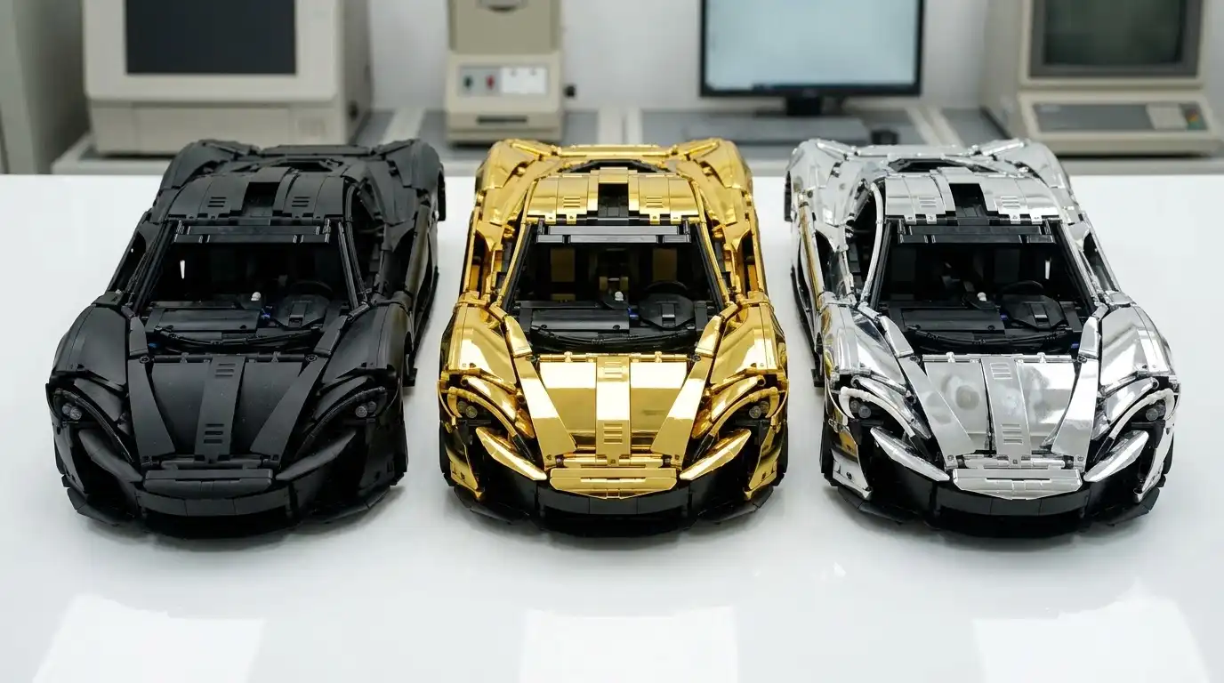 Matte black, electroplated and chrome brick supercar finishes shown side by side