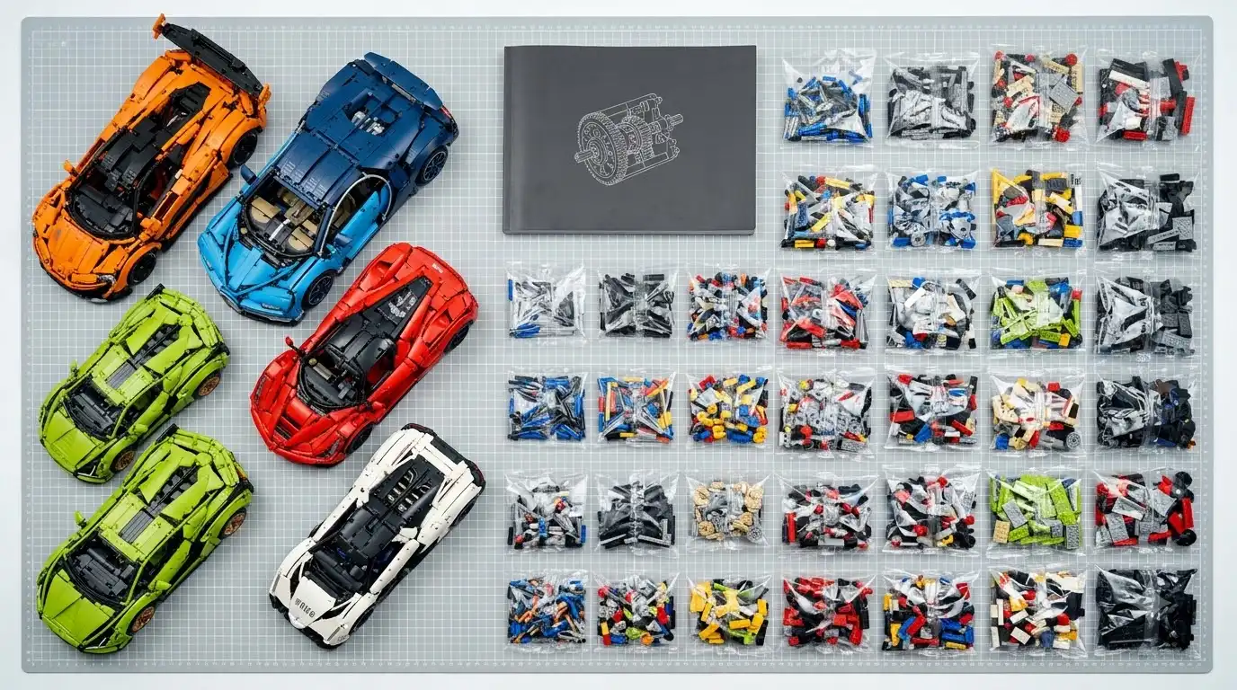 printed manual and sorted parts bags from a 1:24 set of BAV Brick for beginners