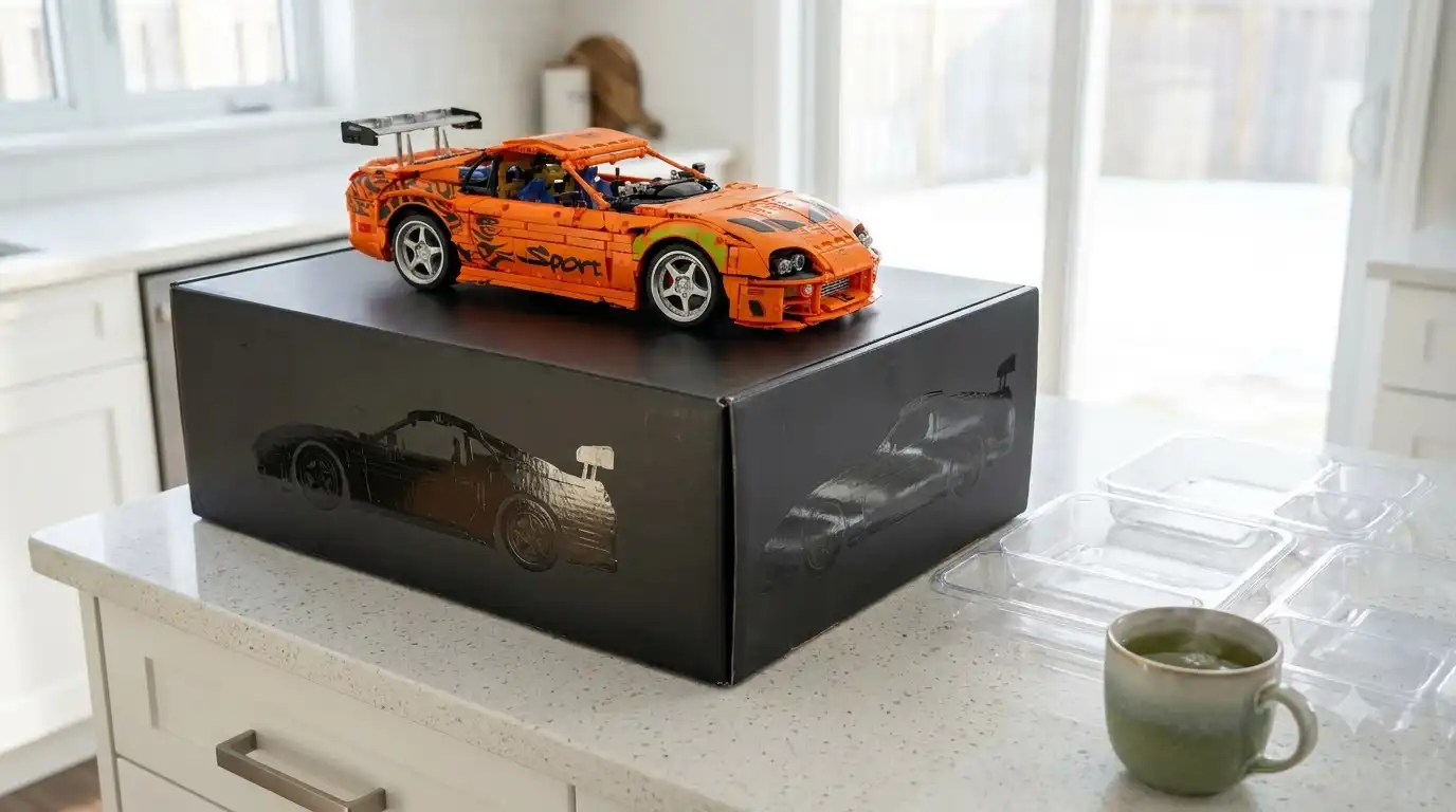 Unopened collector BAV Brick Toyota Supra set box on a table before building