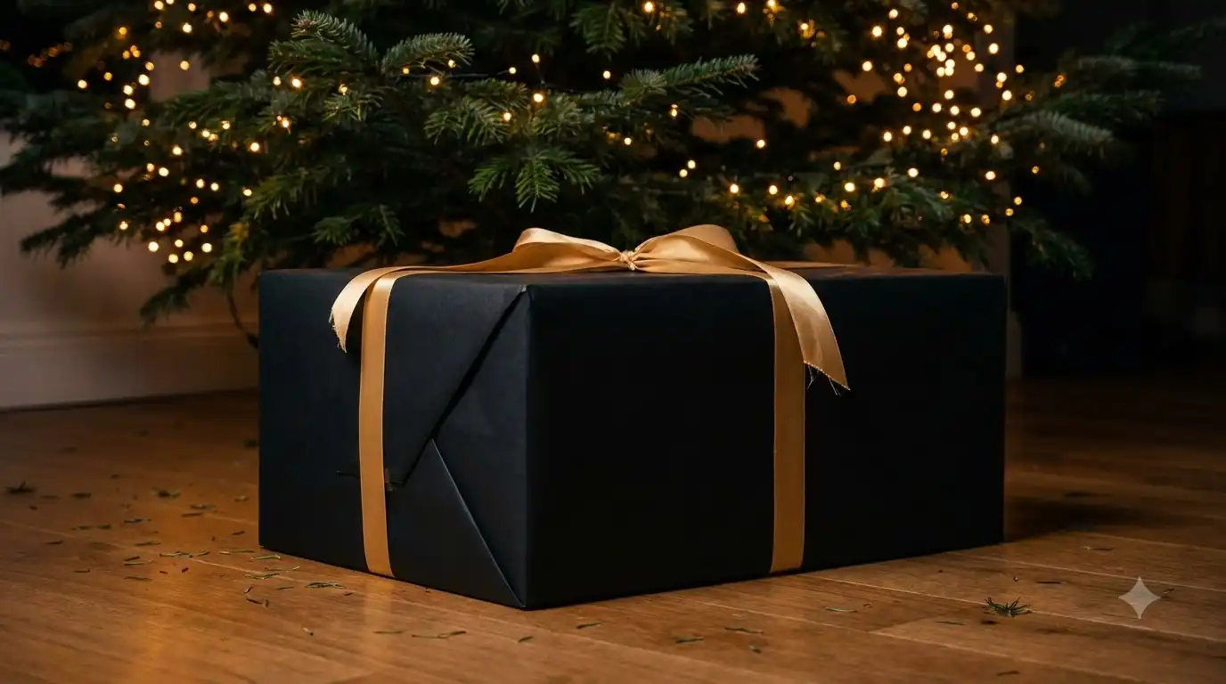 wrapped brick-built supercar model kit box under a Christmas tree