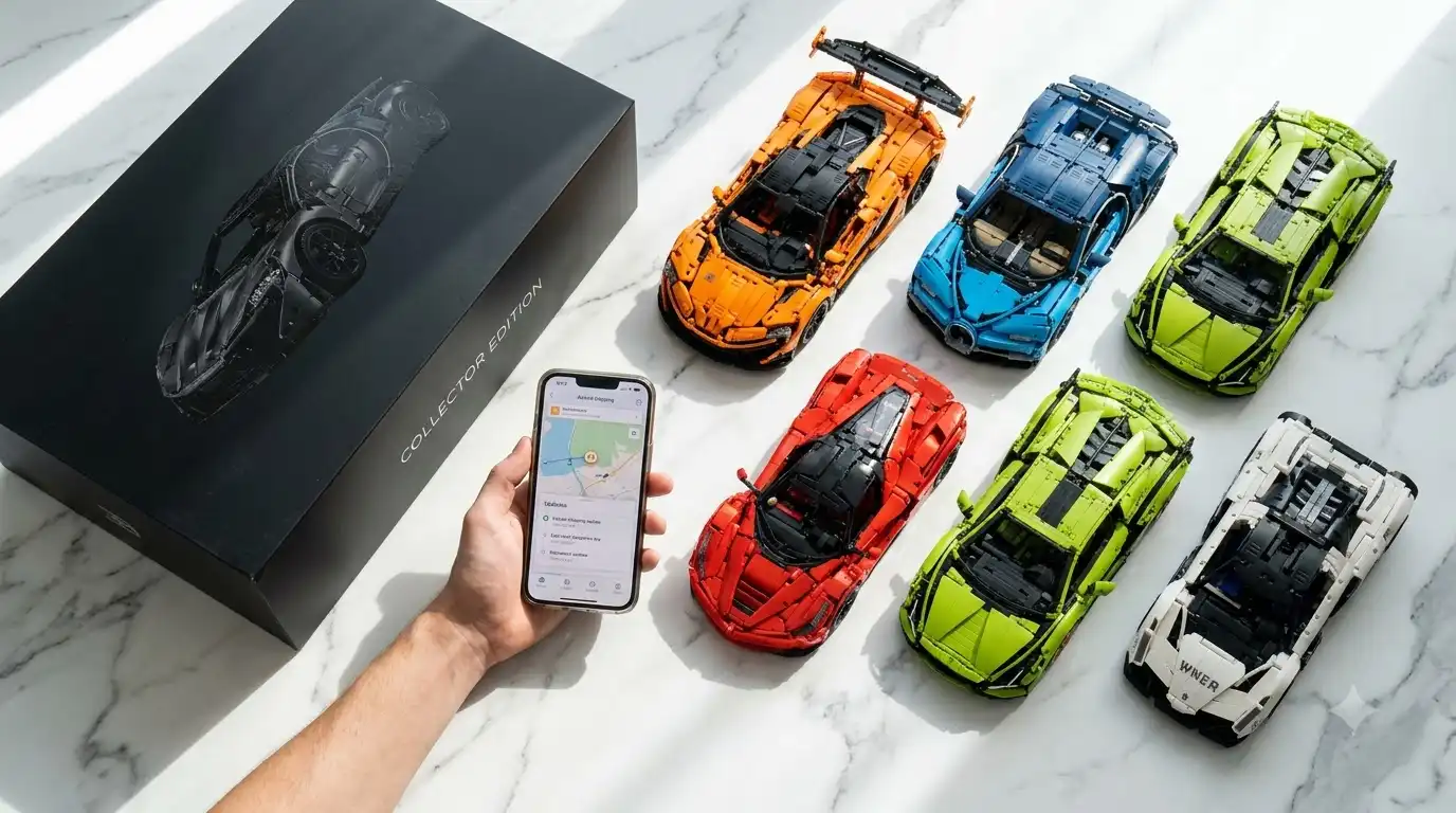Unopened brick car set box with parcel tracking on a phone screen