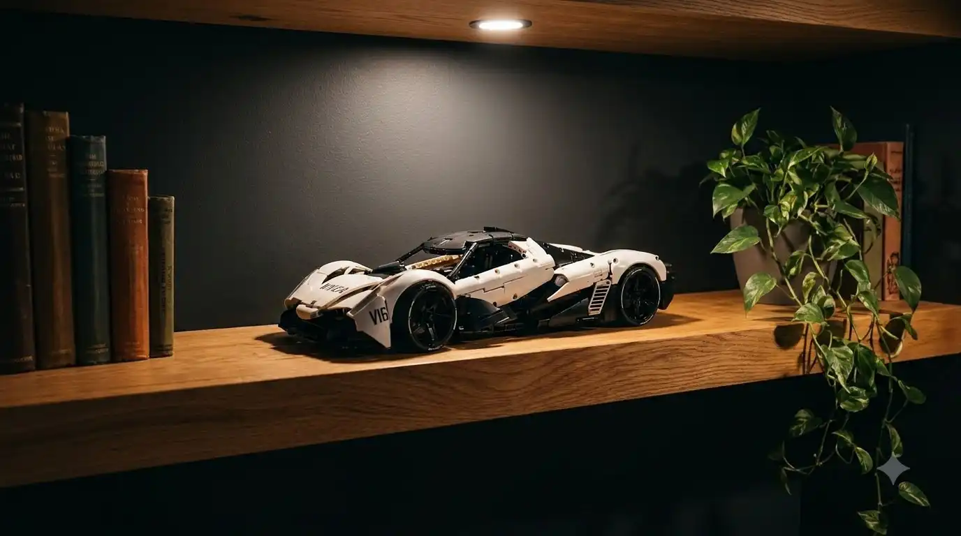 Finished 1:8 supercar model on a wide display shelf