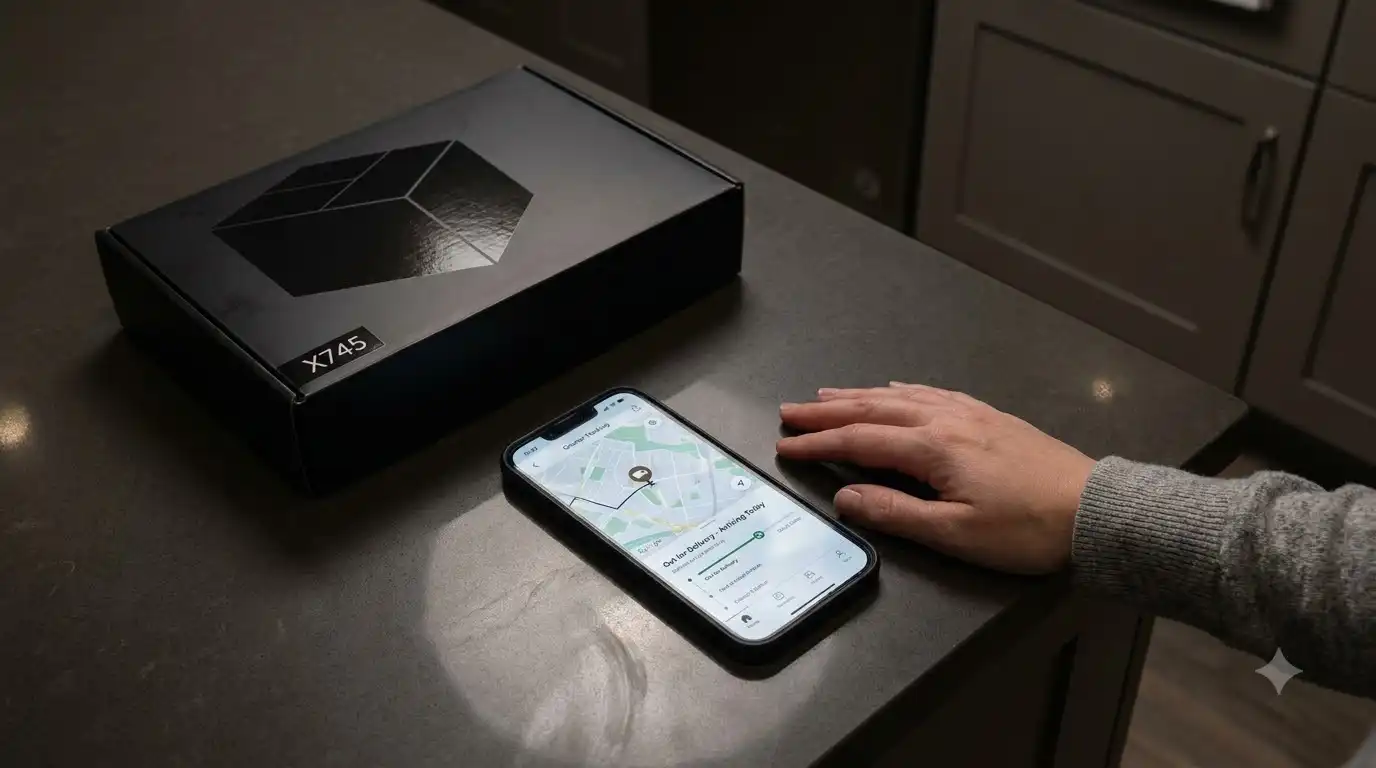 Phone showing courier tracking beside an unopened brick set box