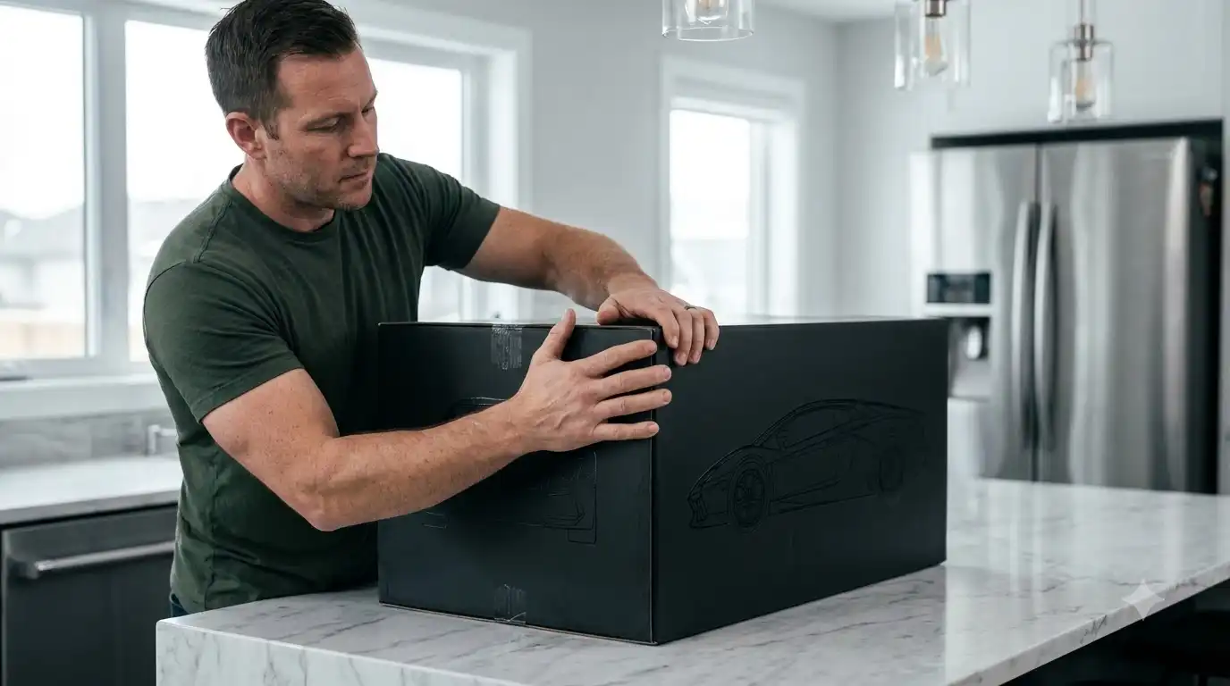 unopened BAV BRICK set box being inspected on arrival for damage