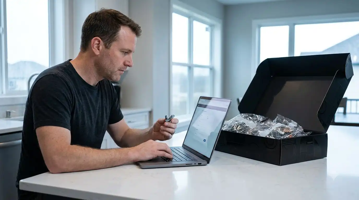 Missing parts form on a laptop beside an opened brick set box
