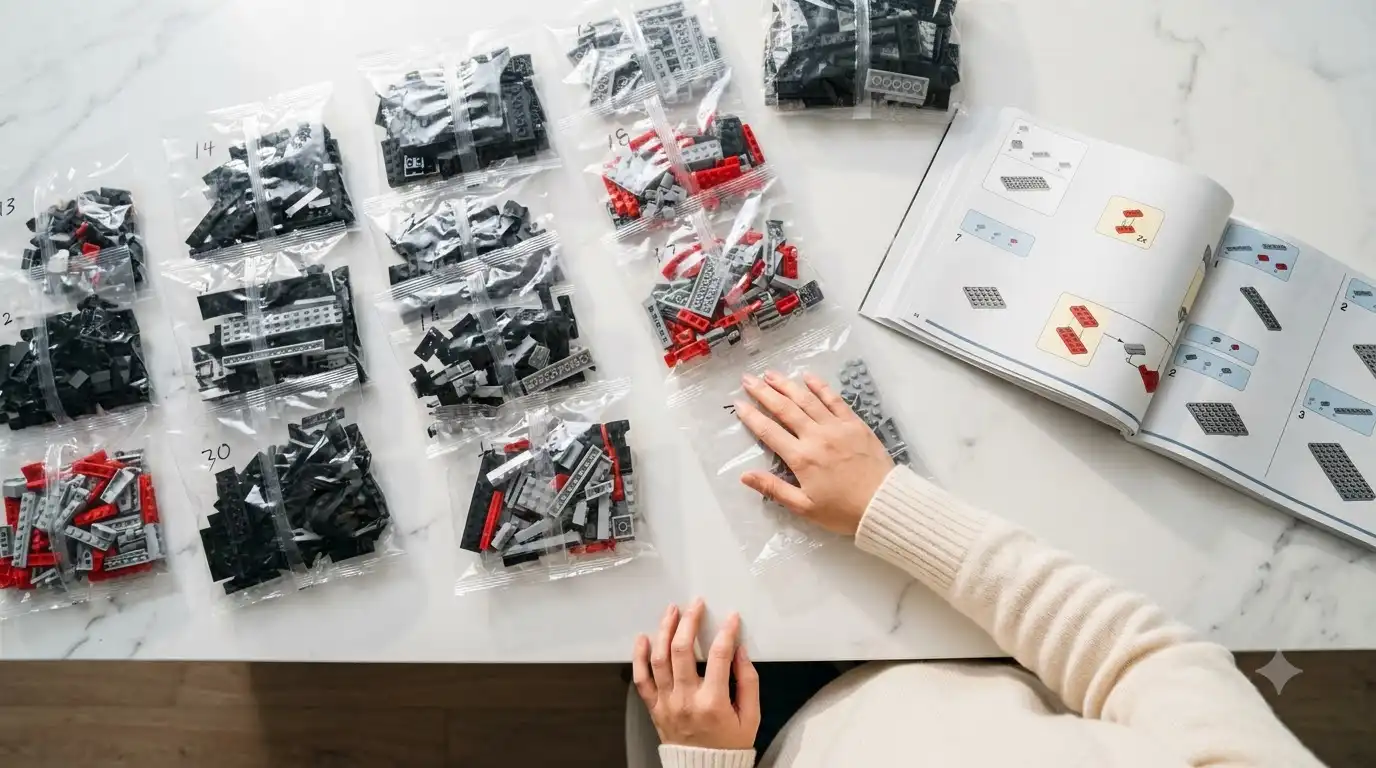 Packaged BAV Brick Devel Sixteen pieces sorted and labeled by build section