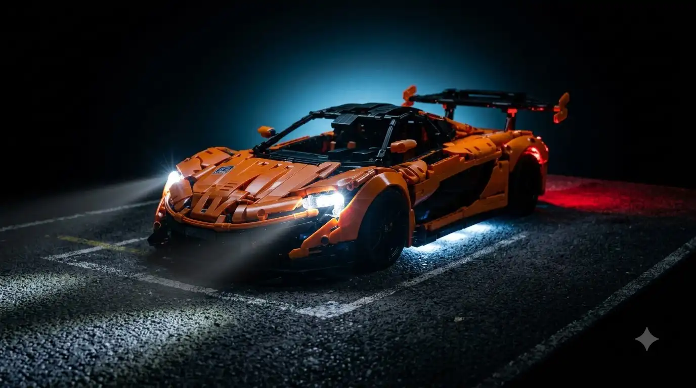 Fully assembled BAV Brick Mercedes-AMG GT3 model with USB-powered LED lights turned on