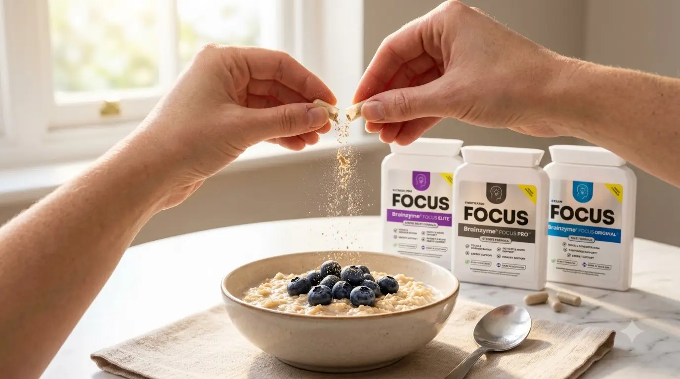 single Brainzyme capsule being poured onto food as a reduced-dose method