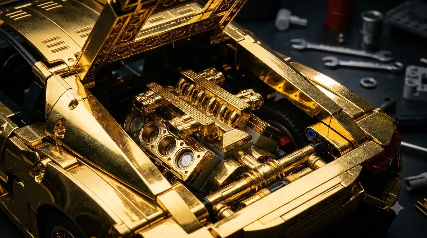 Close-up of BAV Brick Lamborghini Sian gold-plated V12 engine detail