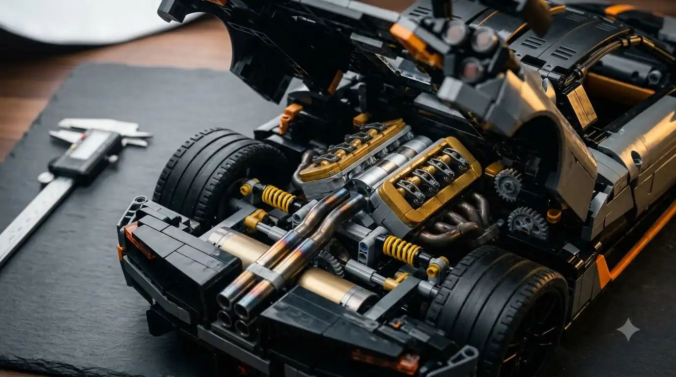 Assembled brick built Pagani Huayra engine bay and rear detail