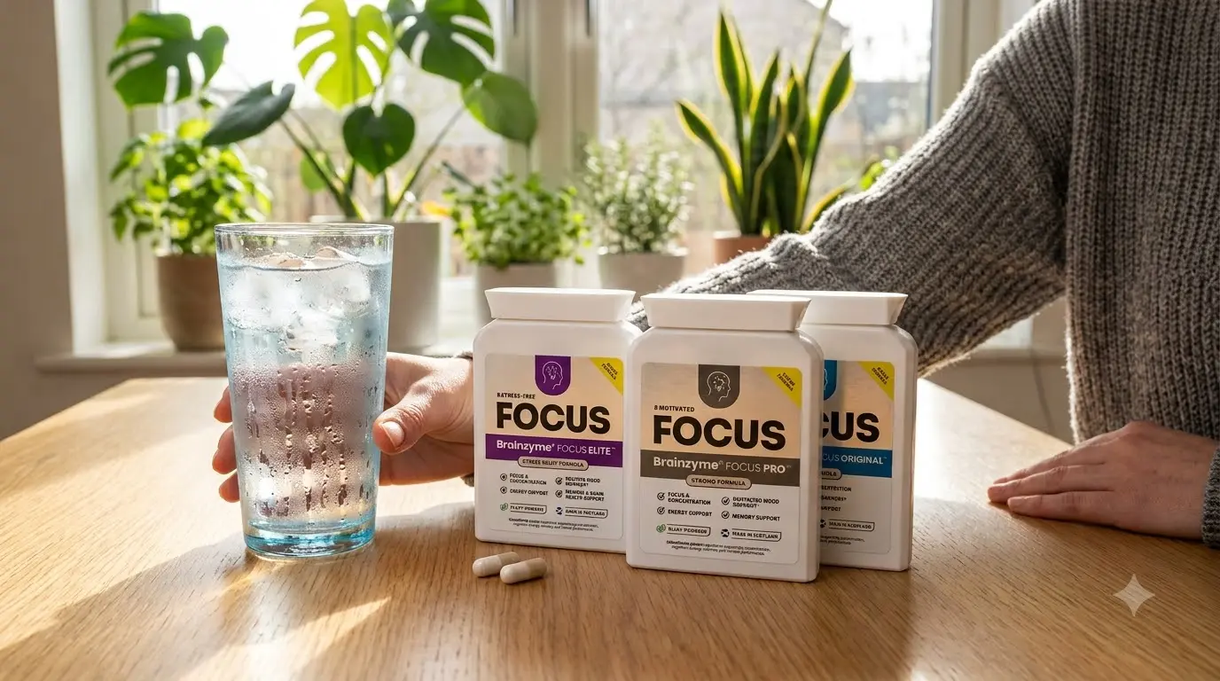 Glass of water next to Brainzyme FOCUS capsules for hydration reminder