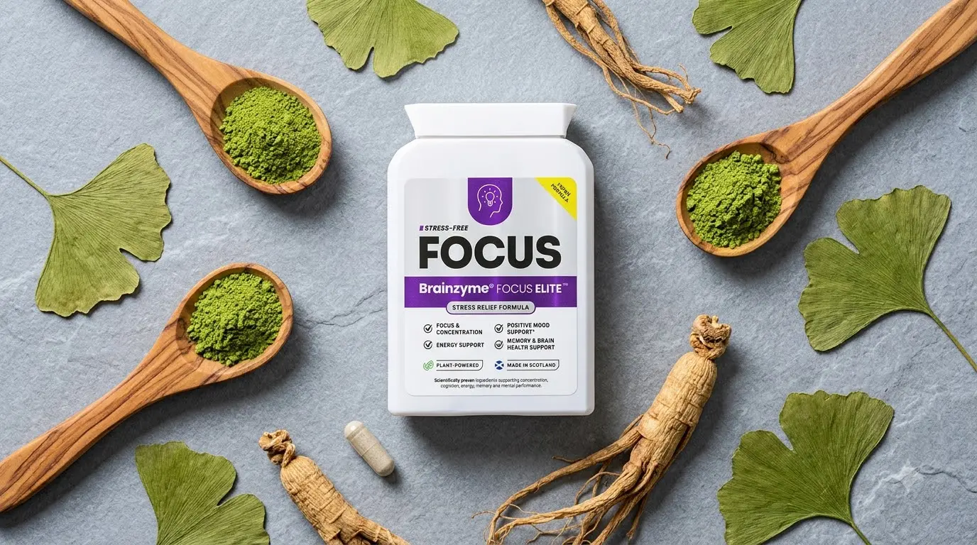 Brainzyme FOCUS ELITE bottle showing calming stress free focus ingredients