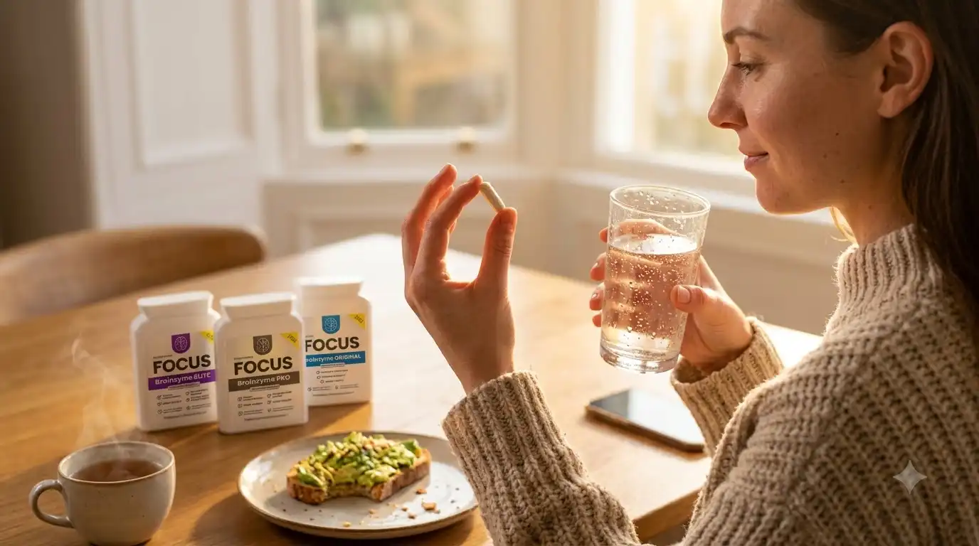 Person taking a Brainzyme Focus Pro capsule with water and food