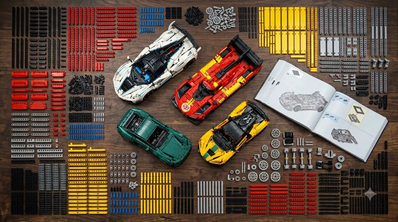 BAV Brick building block model car kit pieces laid out for assembly