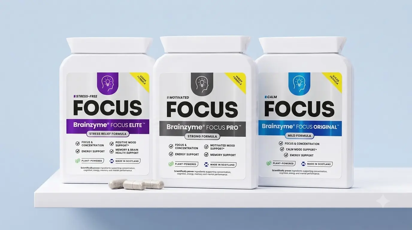 Brainzyme FOCUS Original, Pro and Elite bottles side by side.