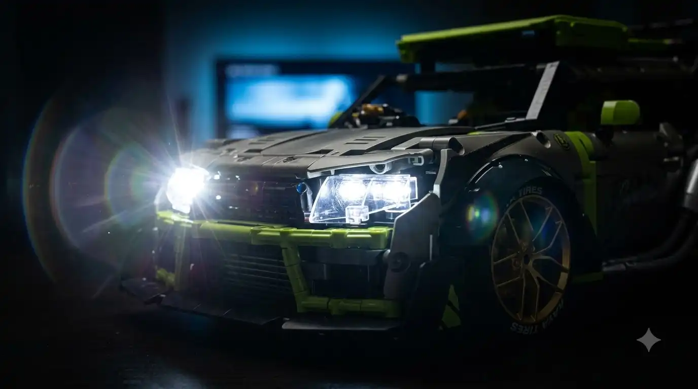 LED headlights lit on a finished brick supercar in a dim room