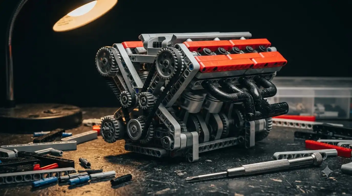 Motorized V12 engine brick model displayed on a desk