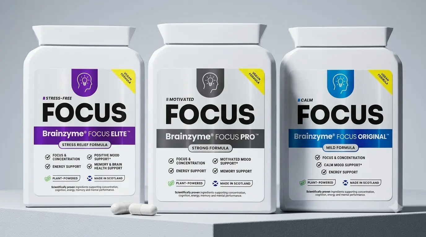 Brainzyme Focus supplement bottles Original Pro and Elite side by side