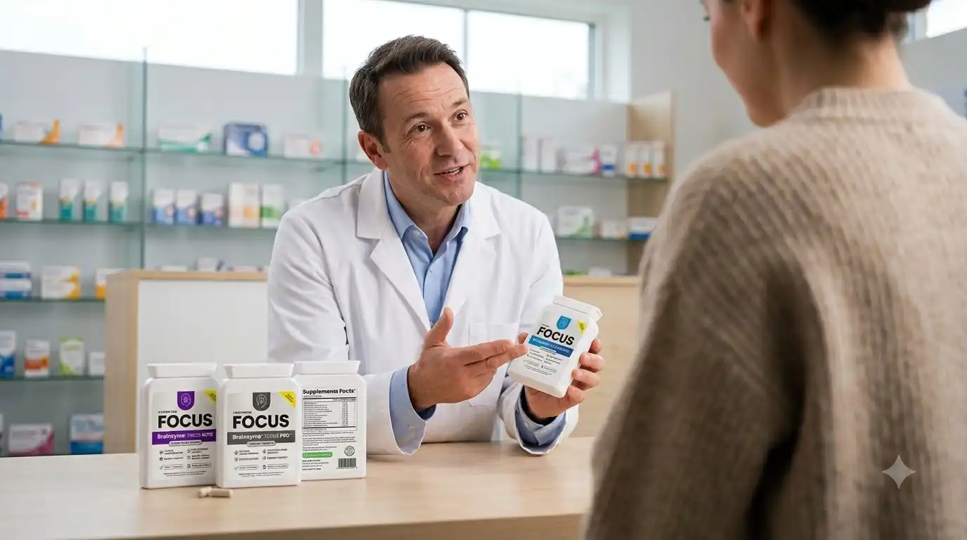 Pharmacist reviewing a supplement label with a customer at a counter
