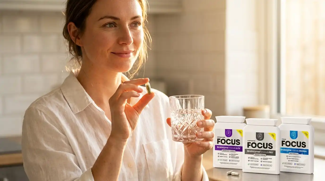 person taking a focus supplement capsule with a glass of water