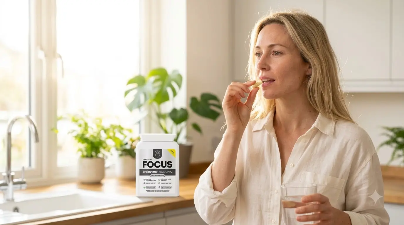 person taking a focus supplement capsule with water in the morning