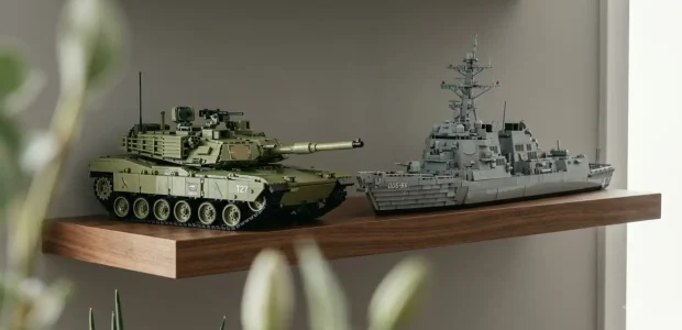 BAV Brick military tank and warship building sets displayed together