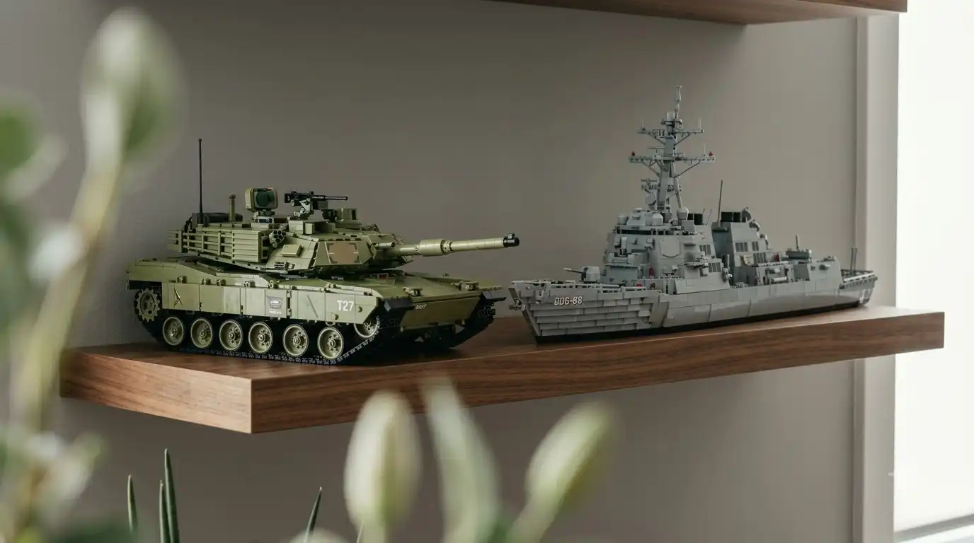 BAV Brick military tank and warship building sets displayed together