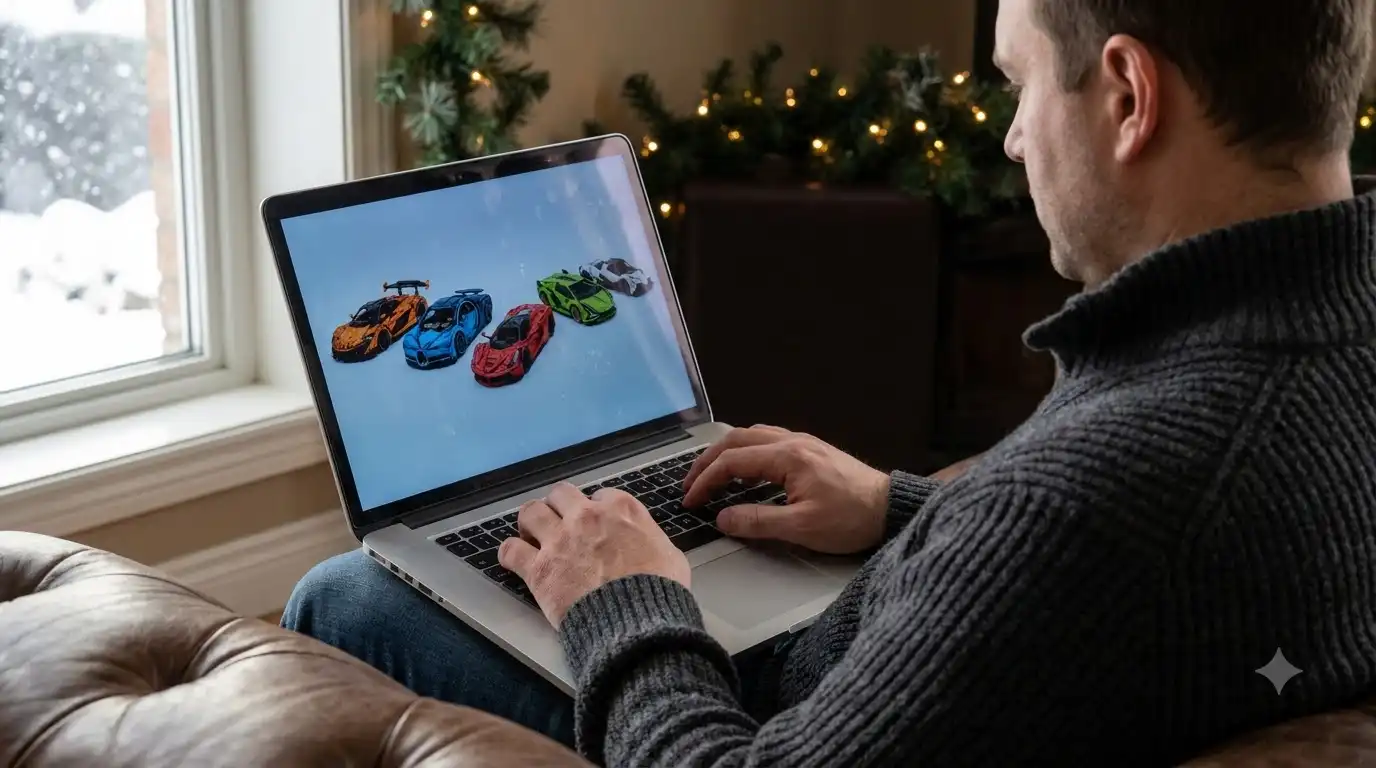 BAV Brick Black Friday shopper comparing 1:8 supercar kits online