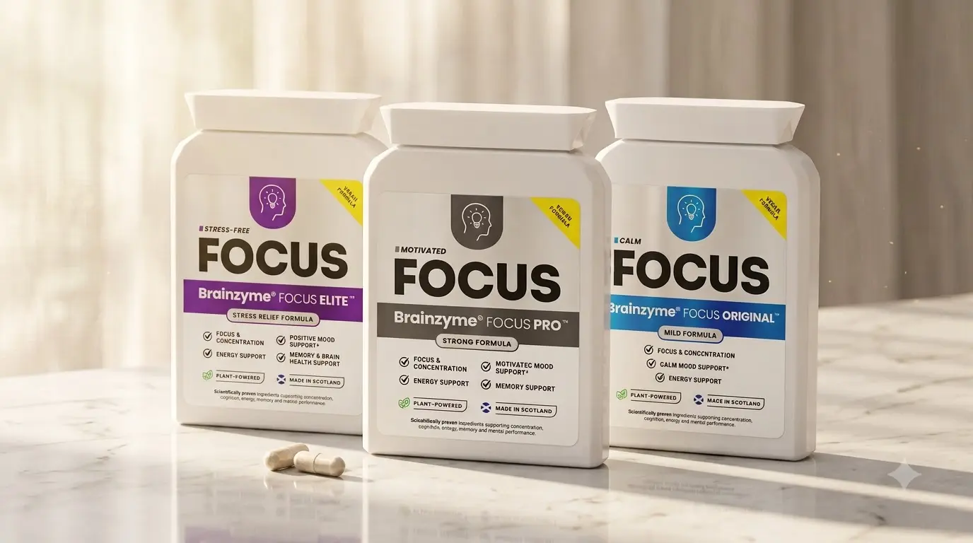 Brainzyme FOCUS supplement bottles on a desk for brain fog relief.