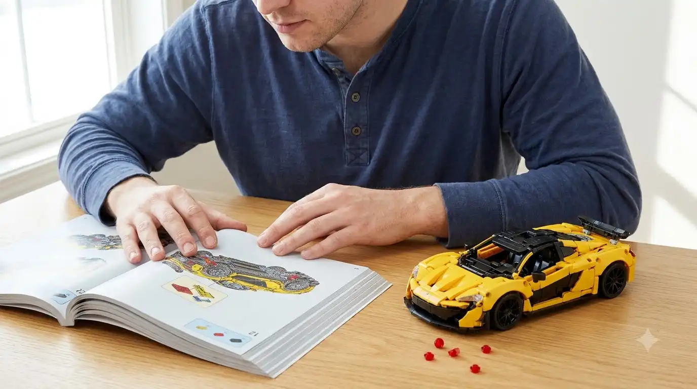 BAV Brick instructions printed color manual open beside a 1:24 car model