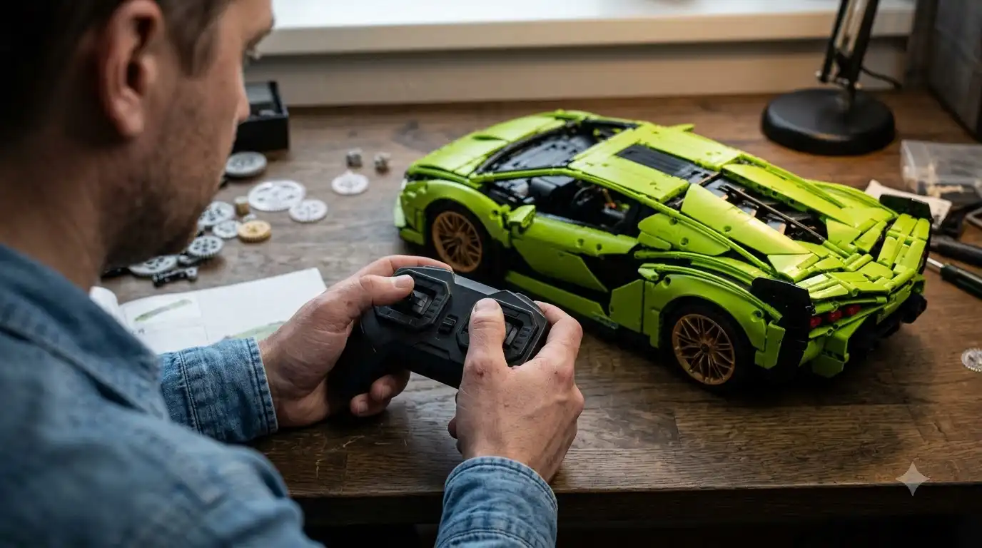 Hand holding a BAV Brick remote not working beside its RC supercar