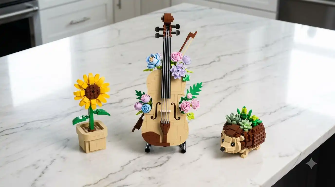 BAV Brick flower set lineup with violin, sunflower and hedgehog kits