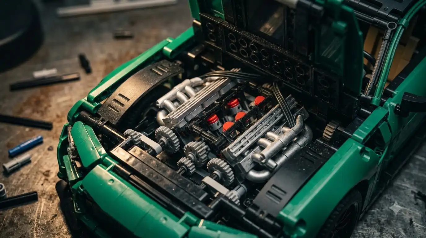 close-up of the BAV Brick Valour's V12 engine bay with moving piston detail