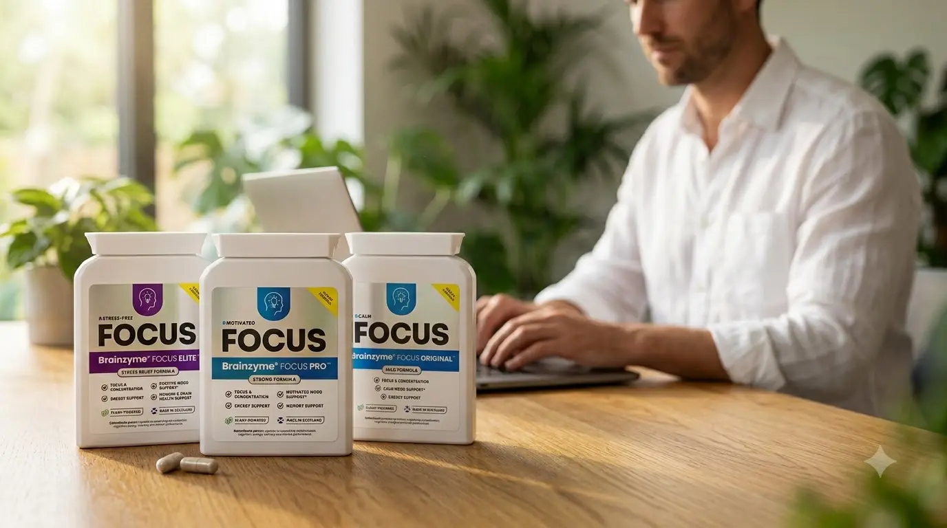 "Brainzyme Focus capsule bottle next to a clock and glass of water representing the six to eight hour effect window.