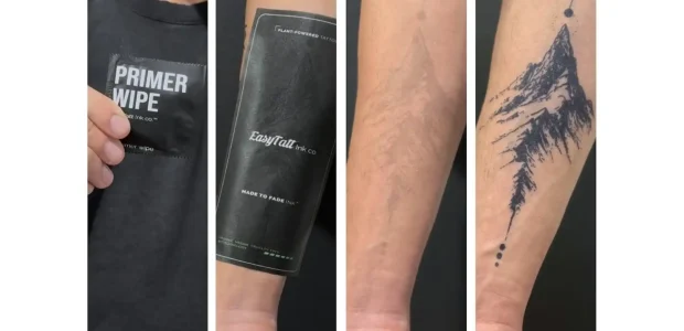 EasyTatt tattoo application in four panels: primer wipe, sheet on forearm, faint transfer, and finished mountain design