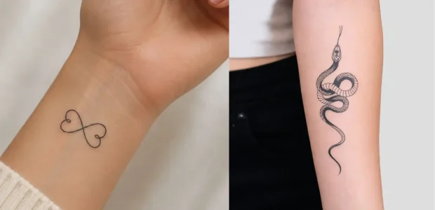 Side-by-side view of an infinity heart tattoo on a wrist and a snake tattoo on a forearm, EasyTatt semi permanent tattoos