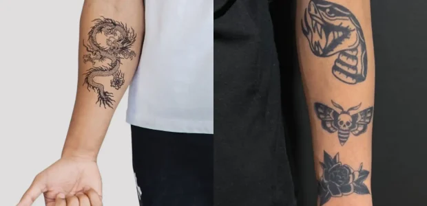Two forearms with black temporary tattoo designs, a dragon on the left and a snake, moth and rose on the right