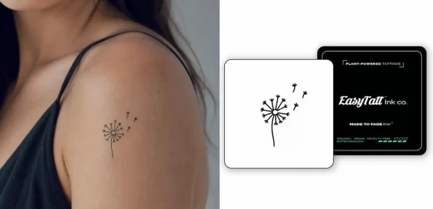 Dandelion EasyTatt semi-permanent tattoo on a woman's shoulder beside the black EasyTatt Ink co. packaging and design card