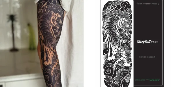 Tiger and cloud sleeve tattoo on an arm beside the EasyTatt Ink co. semi-permanent tattoo sleeve packaging