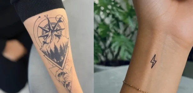 Geometric mountain and wave EasyTatt temporary tattoo on a forearm, next to a small lightning bolt on a wrist