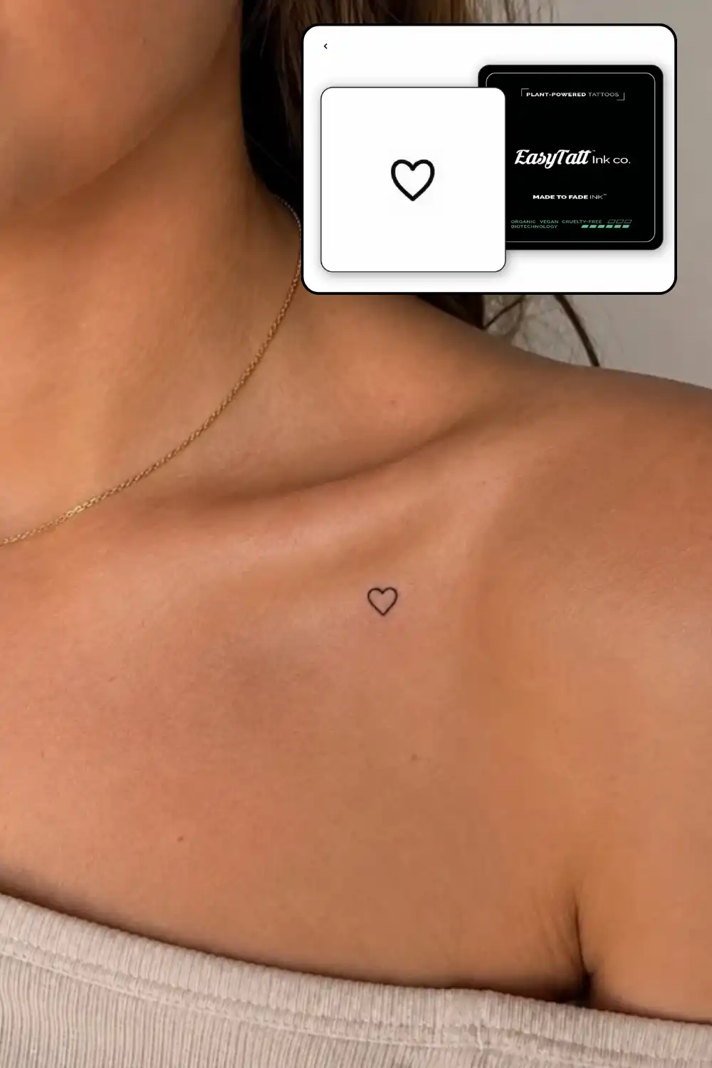 EasyTatt semi permanent vs temporary tattoos: tiny outline heart semi-permanent tattoo on a collarbone with a gold chain, plus the EasyTatt Ink co. design card