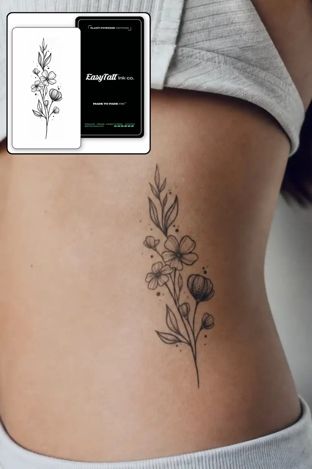 Fine-line floral bouquet tattoo on the side of the ribs with the EasyTatt Ink co. design and packaging inset