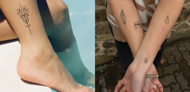 A collage of minimalist EasyTatt temporary tattoos including a lotus flower, feather, camper van, and paper airplane