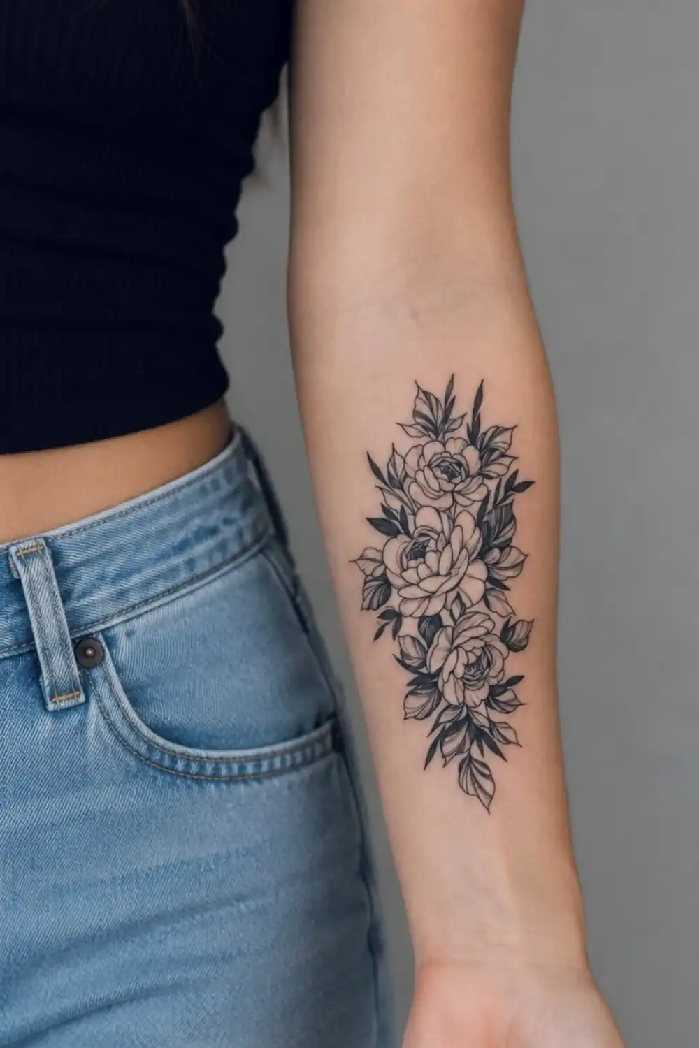 Black linework floral temporary tattoo with three blooms and leaves on a forearm